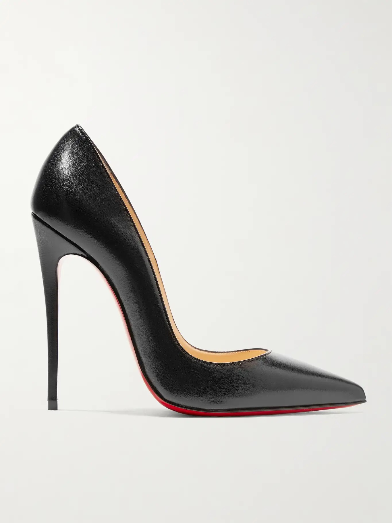 A black Louboutin shoe with a very, very long sharp heel